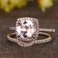 Ensemble de Bague de Fiançailles en Or Rose 14K/18K avec Morganite Taillé en Coussin