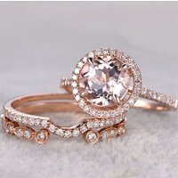 Ensemble de Bague de Fiançailles en Morganite Or Rose Diamant Halo