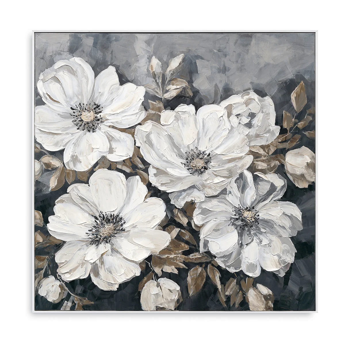 Floral Wall Art Hand-painted Texture Canvas Modern Minimalist Style Living Room Decoration - White Frame / 24''x 24''/ 61x 61 CM — Wall Decor