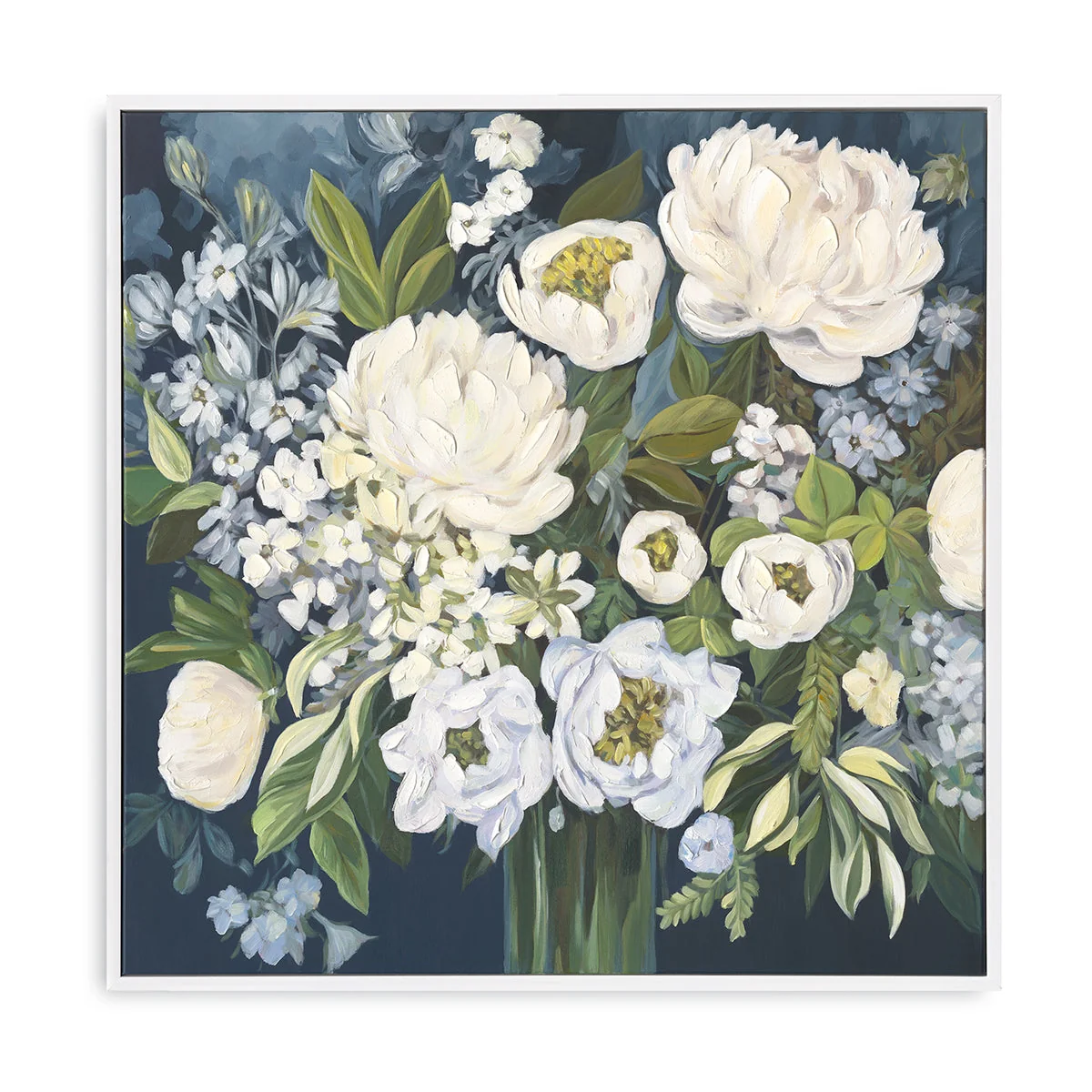 Art mural floral fait à la main - Peinture de fleurs blanches et feuilles vertes — Décoration murale