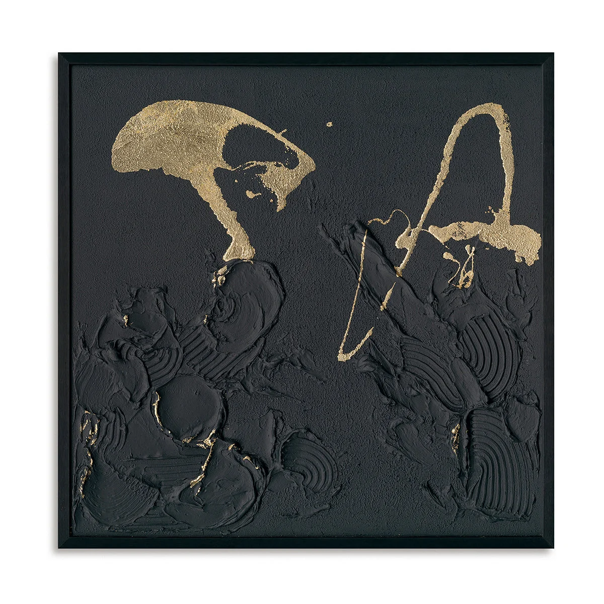 Art mural abstrait fait à la main - Peinture texturée noire avec accents dorés — Décoration murale