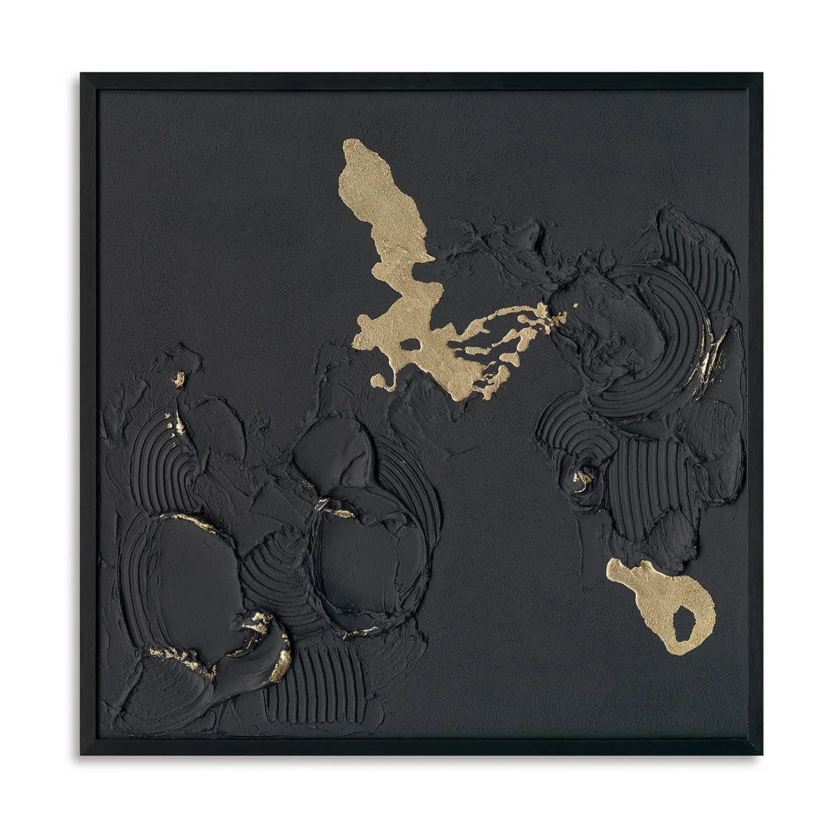 Handmade Abstract Wall Art – Black Textured Painting with Gold Accents - Black Frame / 24''x 24''/ 61x 61 CM — Wall Decor