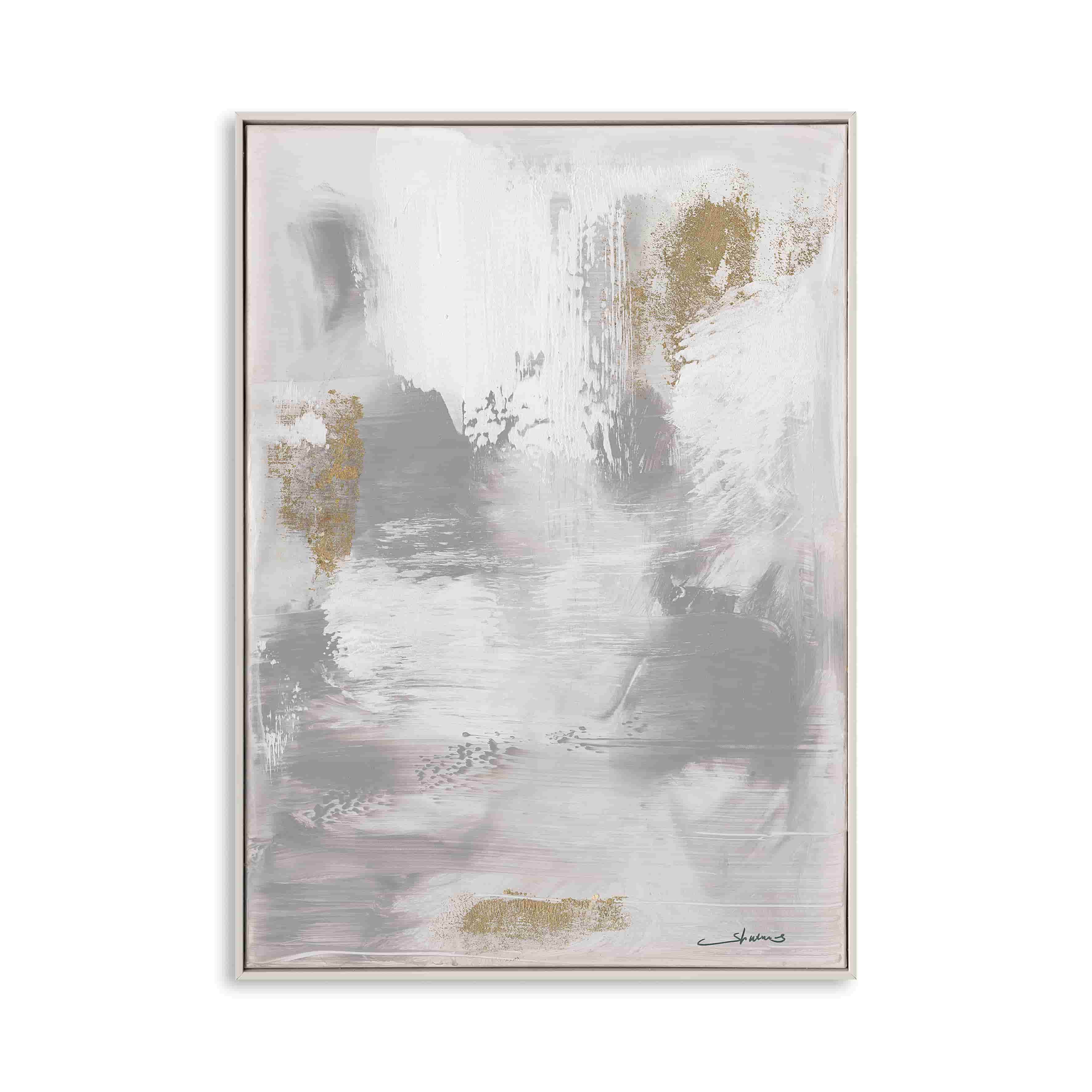 Art mural abstrait fait main - Peinture grise et blanche avec accents dorés — Décoration murale