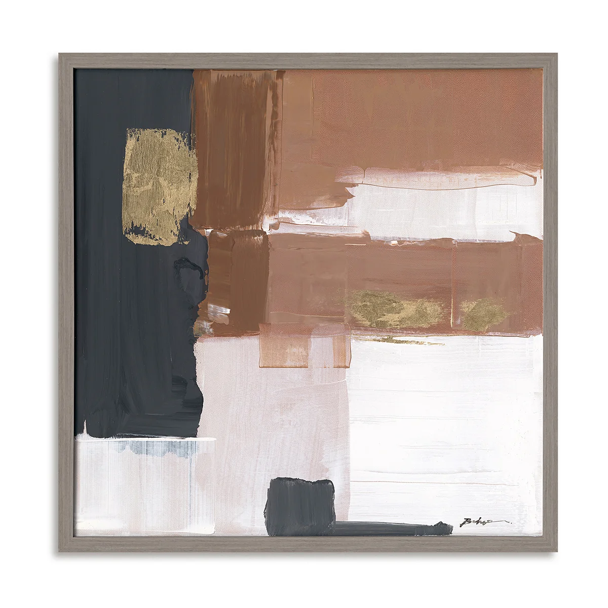 Hand-Painted Canvas Wall Art Abstract Color Block with Warm Terracotta and Gold Accents - Black Frame / 24''x 24''/ 61x 61 CM — Wall Decor