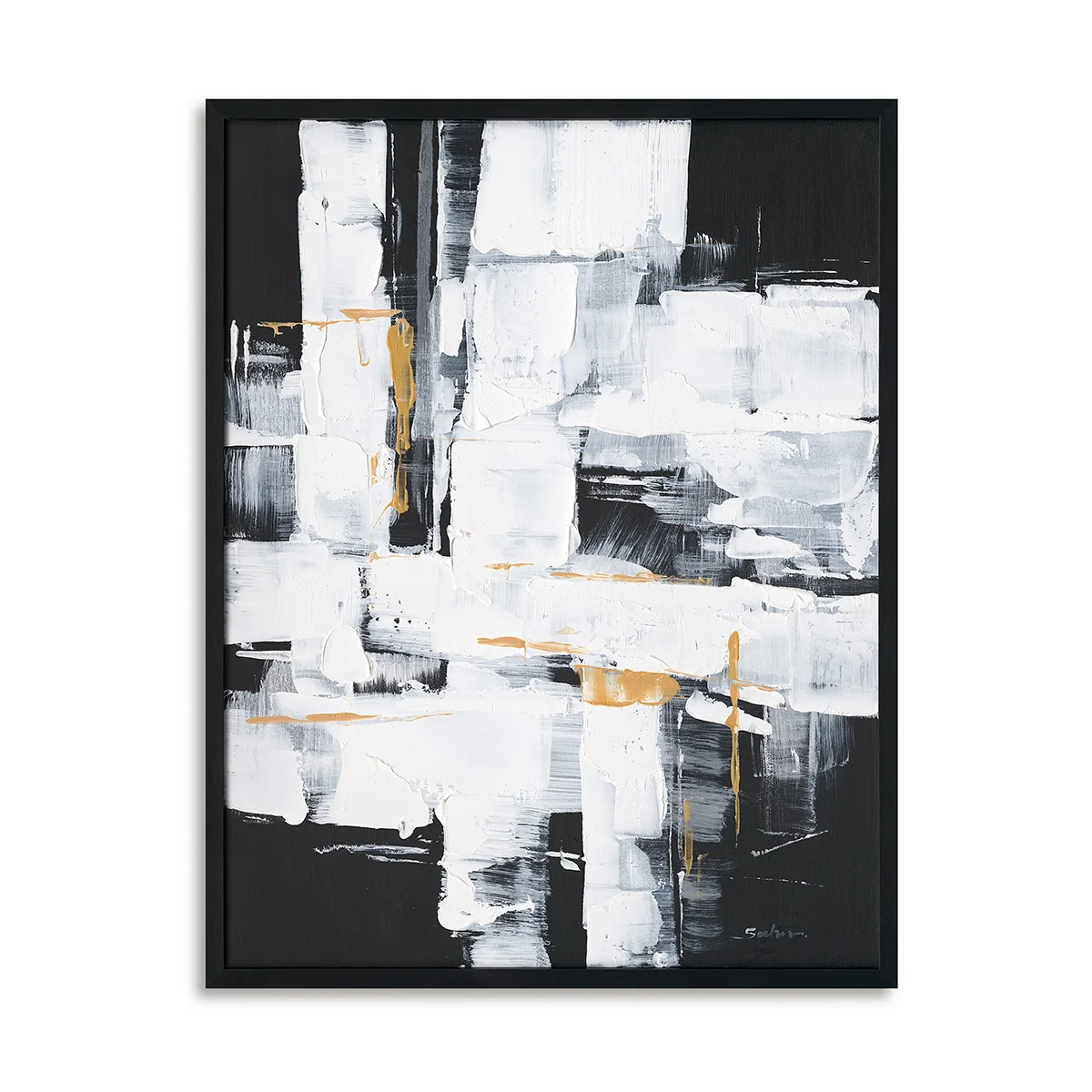 Handcrafted Painting Wall Art Black & White Abstract with Gold Accents - Black Frame / 24"x 20"/ 61 x 51 CM — Wall Decor