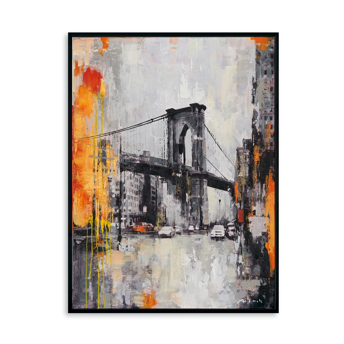 Hand-Painted Canvas Wall Art Urban Bridge Cityscape - Black Frame / 24"x 20"/ 61 x 51 CM — Wall Decor