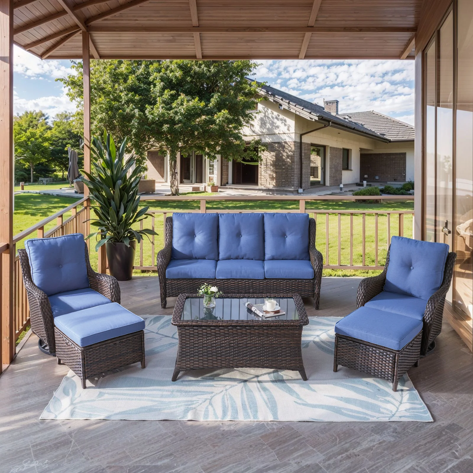 Ensemble de Patio en Osier de 6 Pièces avec Canapé et Chaises Berçantes — Mobilier de patio et d'extérieur