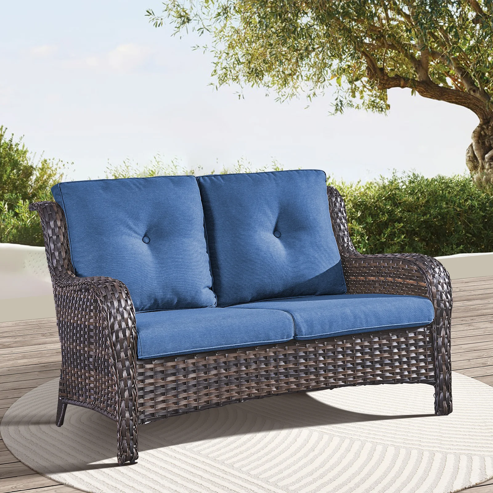 Sofa Loveseat en Osier Extérieur Belord avec Coussins - Brun/Bleu — Mobilier de patio et d'extérieur