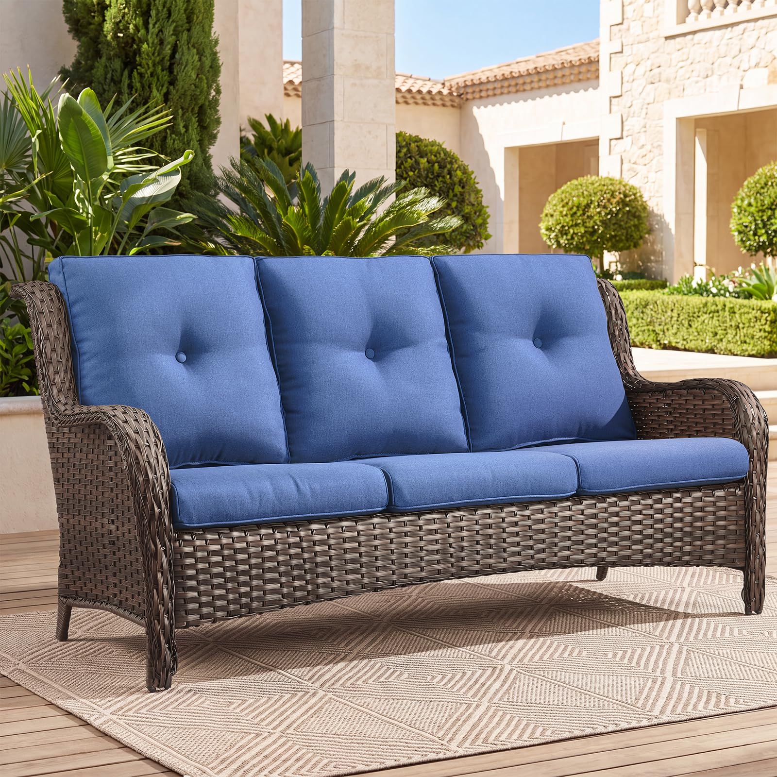 Outdoor Patio Furniture Wicker 3-Seater Sofa, NTC Series - Brown Wicker / Blue Cushion — Patio & Outdoor Furniture