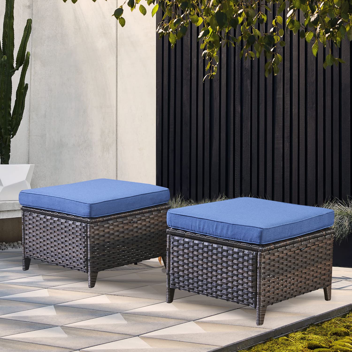 2 Pieces Patio Wicker Ottoman Set Side Table Use, NTC Series - Brown Wicker / Blue Cushion — Patio & Outdoor Furniture