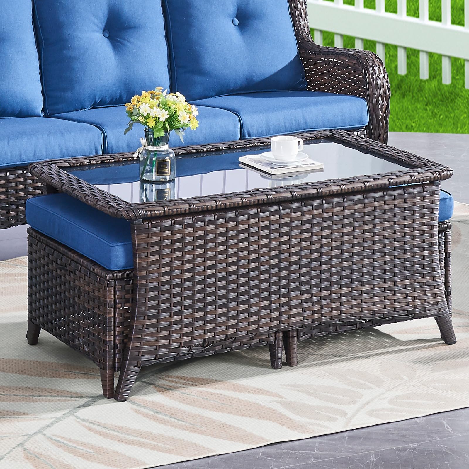 Outdoor Wicker Coffee Table with Ottoman Storage, NTC Series - Brown Wicker — Patio & Outdoor Furniture