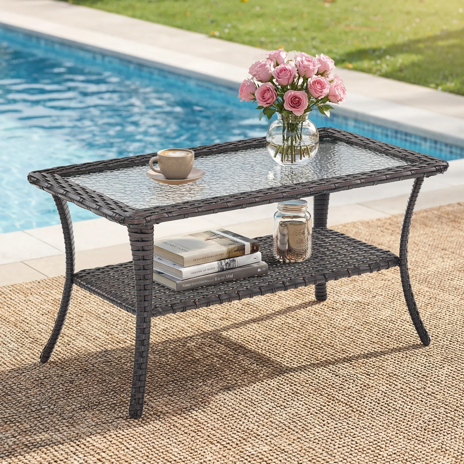 Outdoor Wicker Coffee Table with Glass Top Storage Shelf, NTC Series - Brown Wicker