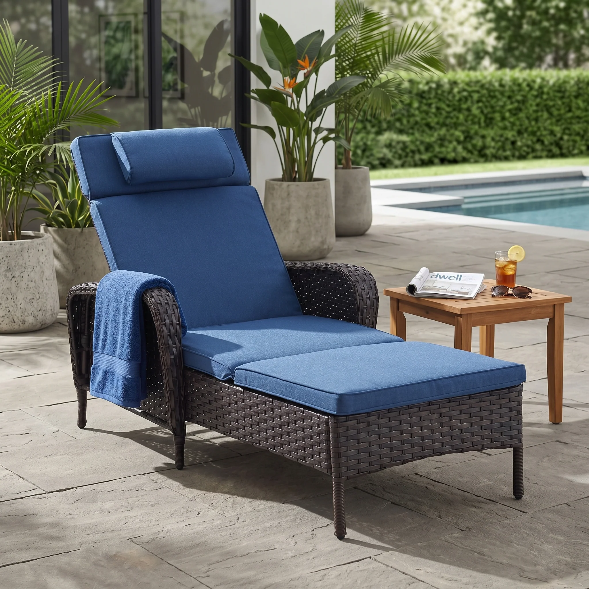 Outdoor Wicker Chaise Lounge – 5-Position, 500 LB Capacity, NTC Series - Brown Wicker / Blue Cushion — Patio & Outdoor Furniture