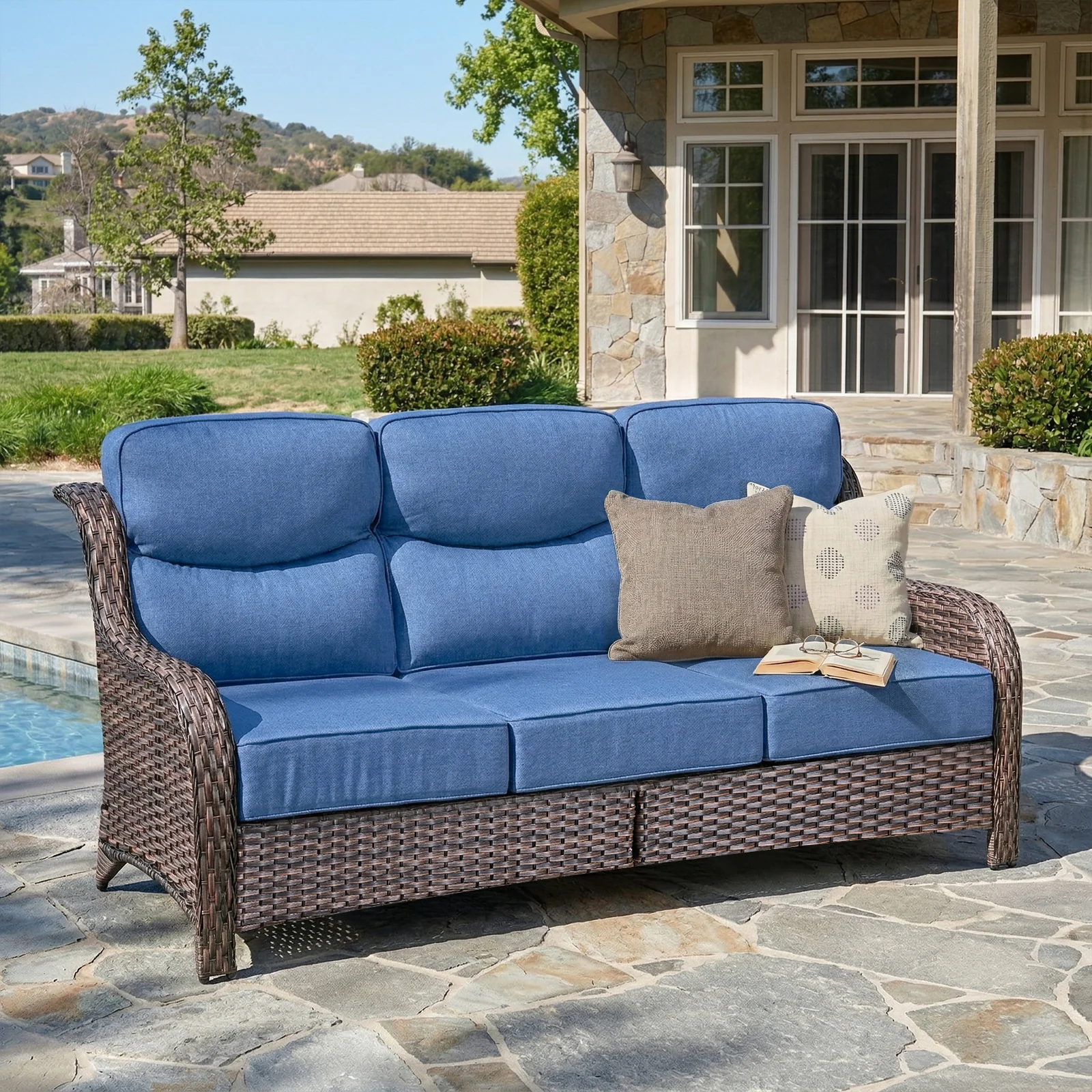 Oversized 3-Seater Wicker Sofa, High Back & 6" Cushions, NT Series - Brown Wicker / Blue Cushion — Patio & Outdoor Furniture
