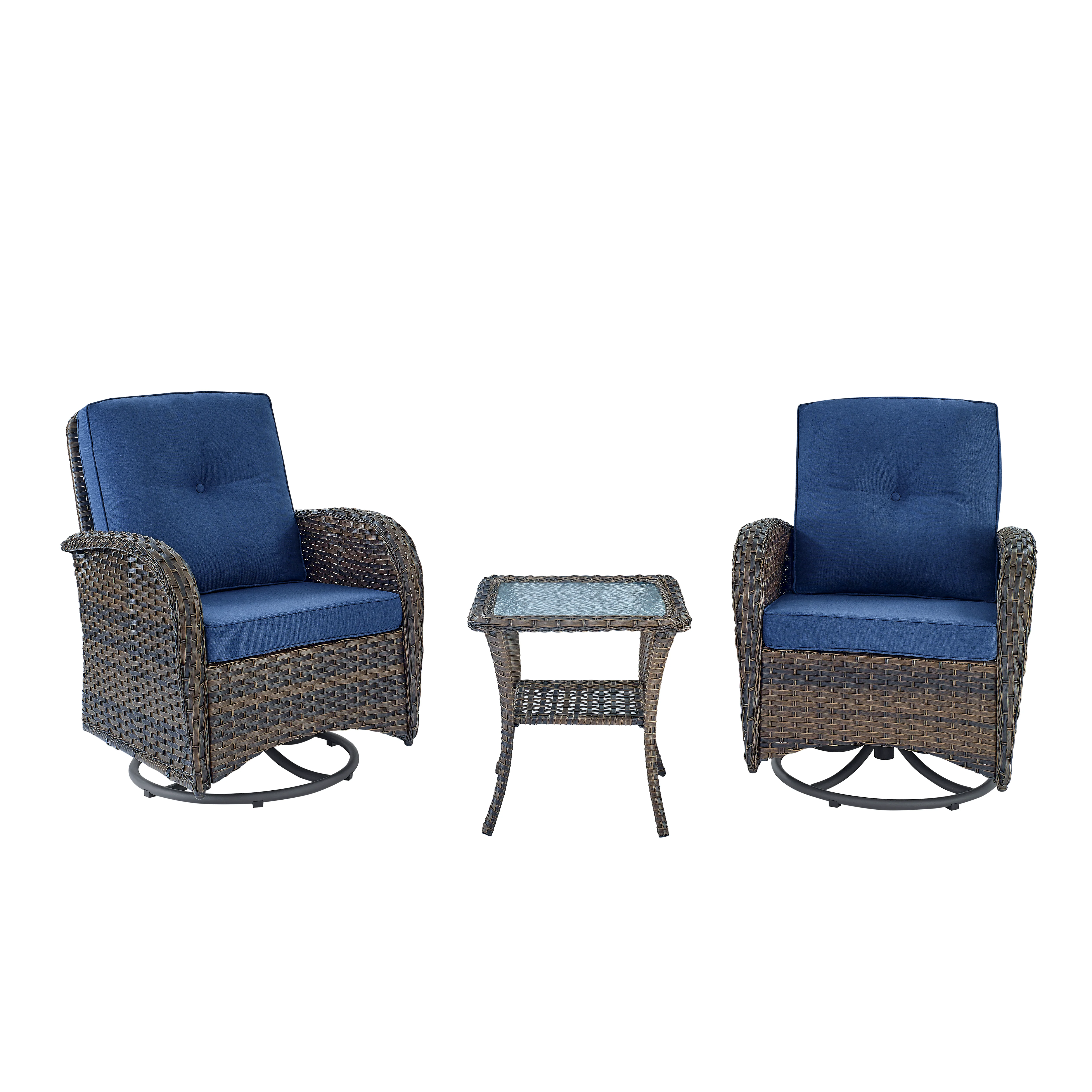 Ensemble de chaises pivotantes Belord avec table d'appoint - Osier brun / Coussin bleu — Mobilier de patio et d'extérieur