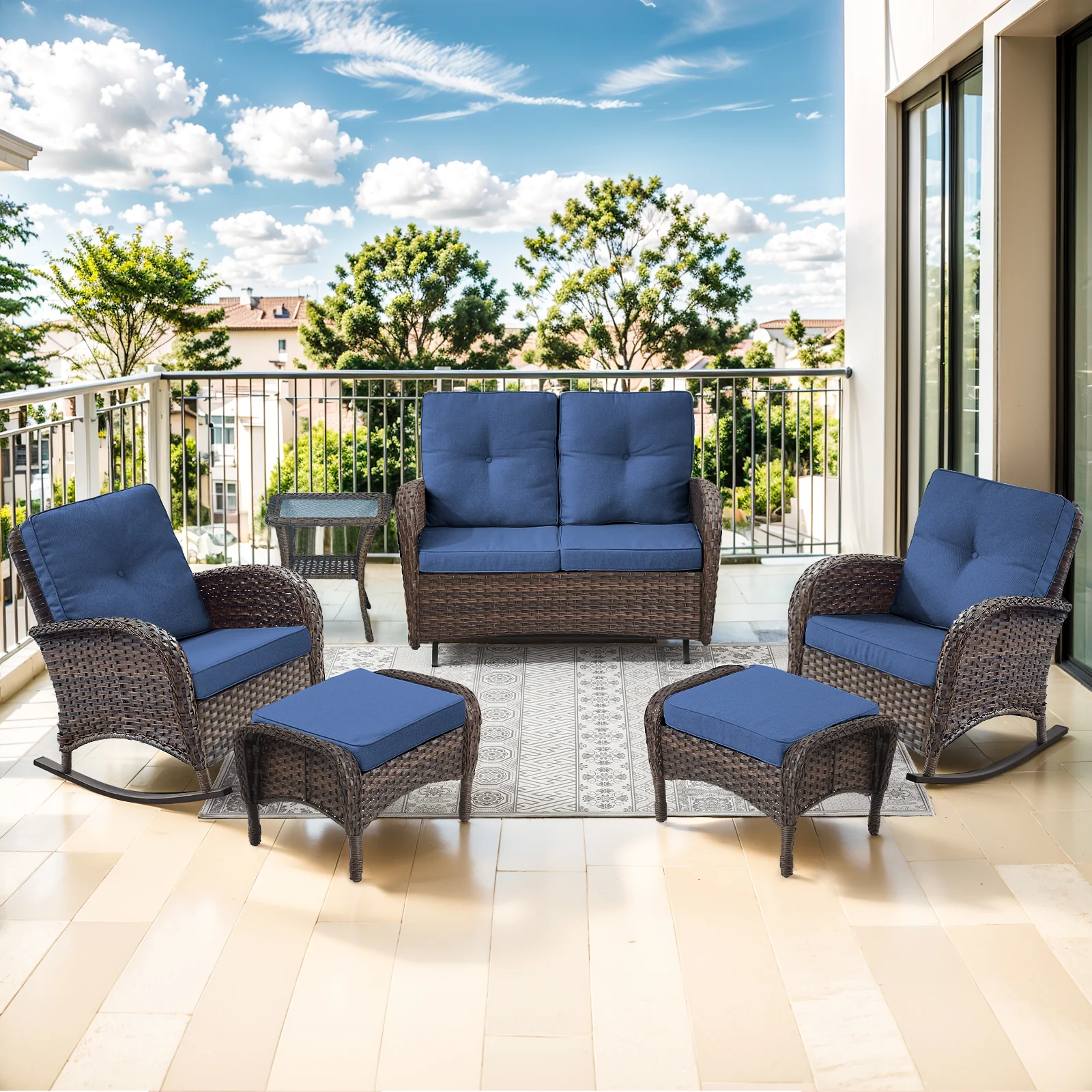 6 Piece Patio Conversation Set with Glider Loveseat, NDS Series - Brown Wicker / Blue Cushion — Patio & Outdoor Furniture
