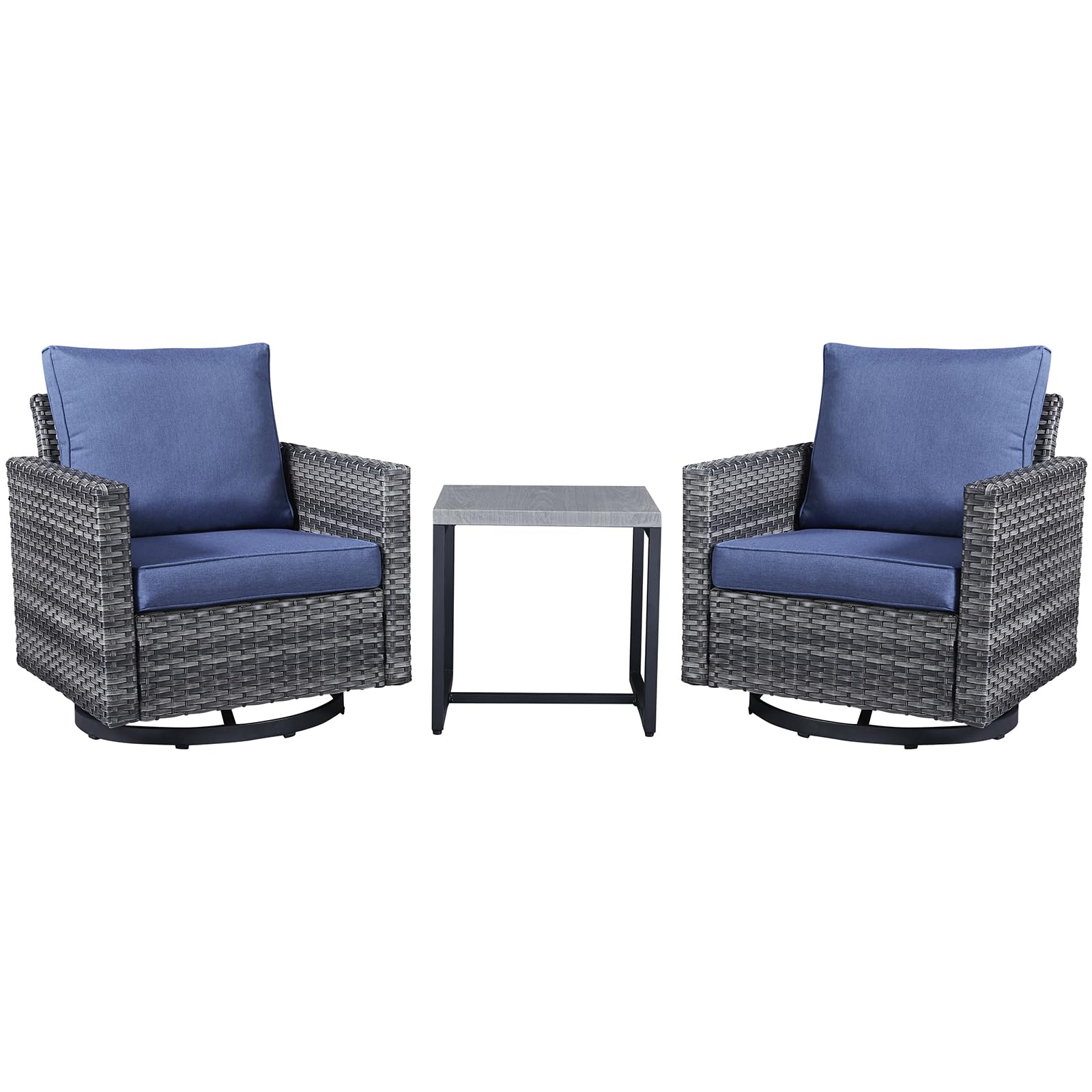 3-Piece Wicker Swivel Glider Chair Set with Side Table, GRS Series - Mixed Grey Wicker / Blue Cushion — Patio & Outdoor Furniture