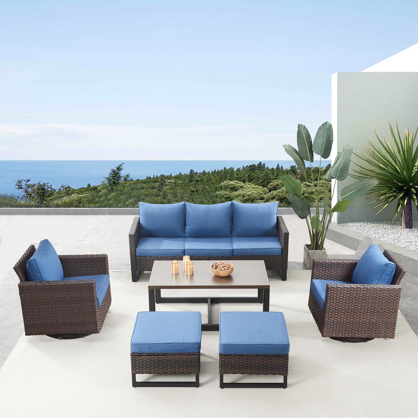 6-Piece Wicker Patio Set, Sofa, Swivel Glider Chairs & Table, GRS Series - Brown Wicker / Blue Cushion — Patio & Outdoor Furniture