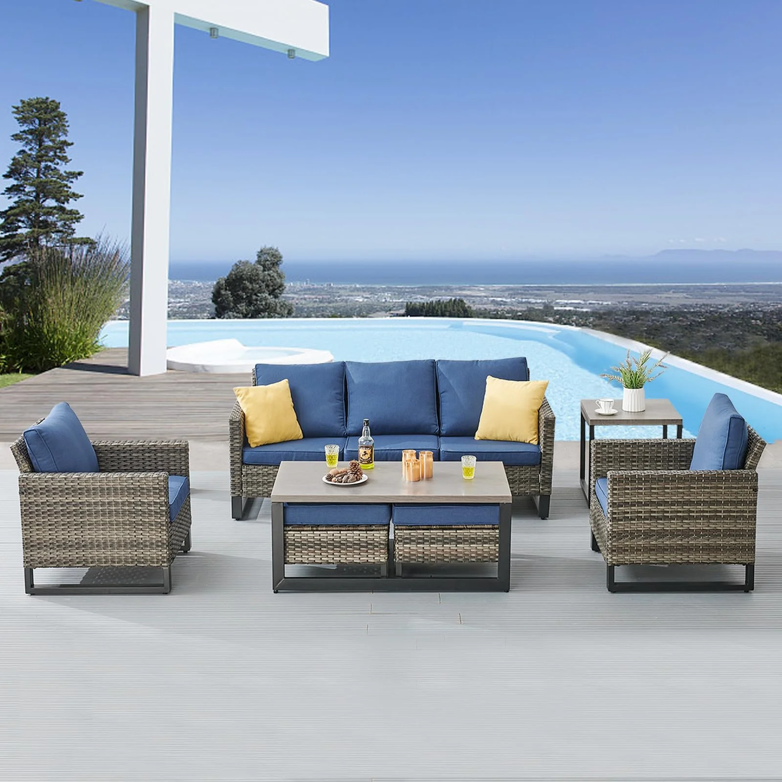 Ensemble de Patio en Osier 7 Pièces Belord GRS avec Sofa et Chaises — Mobilier de patio et d'extérieur