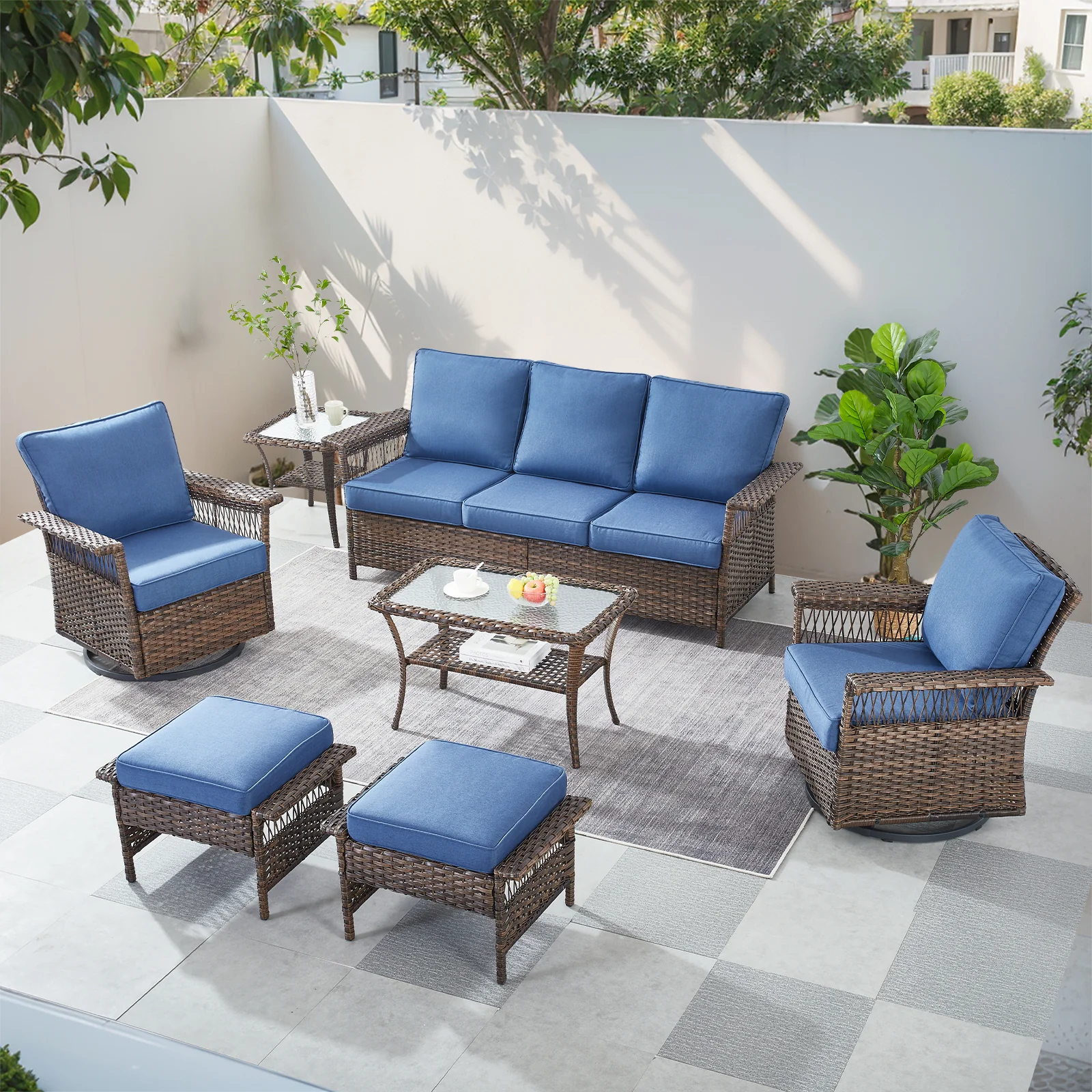 Ensemble de conversation patio en osier Belord de 7 pièces avec sofa et tables — Mobilier de patio et d'extérieur
