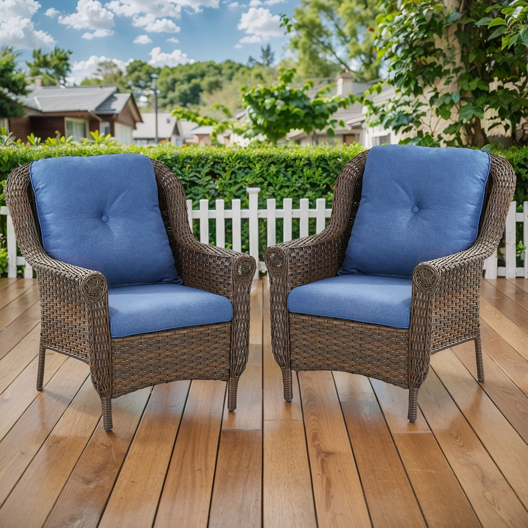 2 Pieces High-Back Wicker Patio Chairs, Floral Design, FL Series - Brown Wicker / Blue Cushion — Patio & Outdoor Furniture