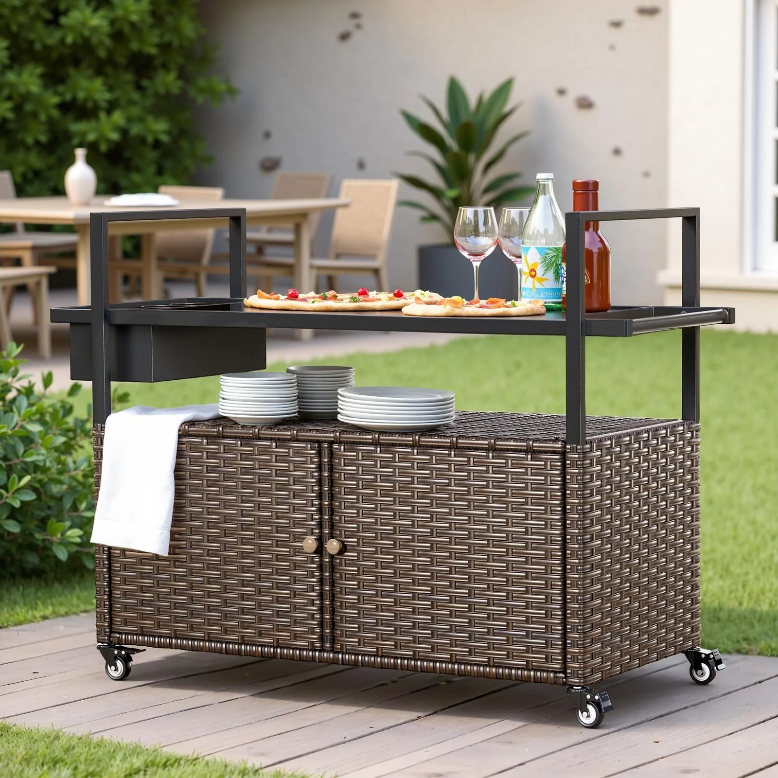 Chariot de Bar en Rattan d'Extérieur avec Cabinet de Rangement pour BBQ — Mobilier de patio et d'extérieur