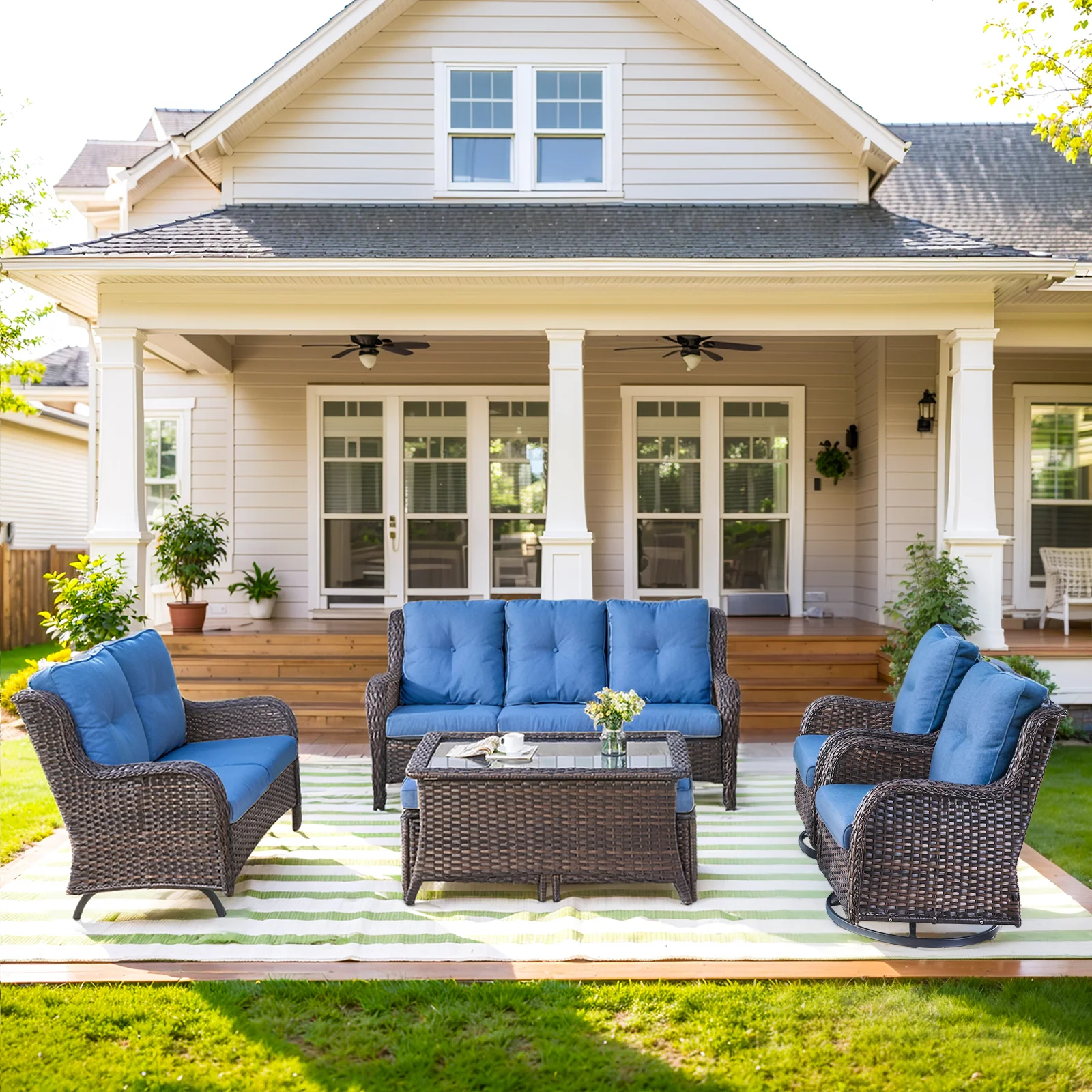 7-Piece Wicker Patio Set, Sofa, Glider Loveseat & Swivel Chairs, NTC Series - Brown Wicker / Blue Cushion — Patio & Outdoor Furniture