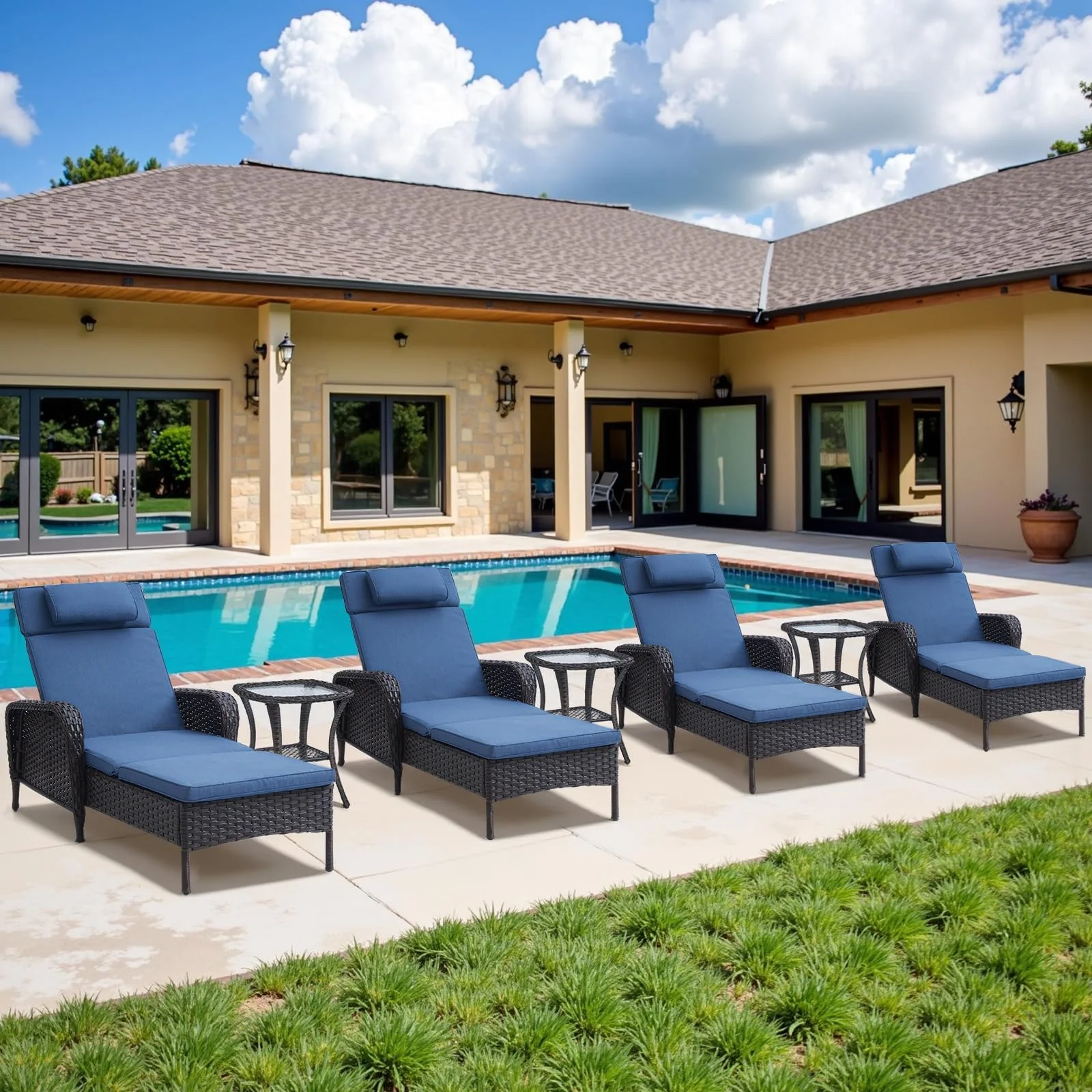 7-Piece Wicker Chaise Lounge Set, 4 Lounges & 3 Tables, NTC Series - Brown Wicker / Blue Cushion — Patio & Outdoor Furniture