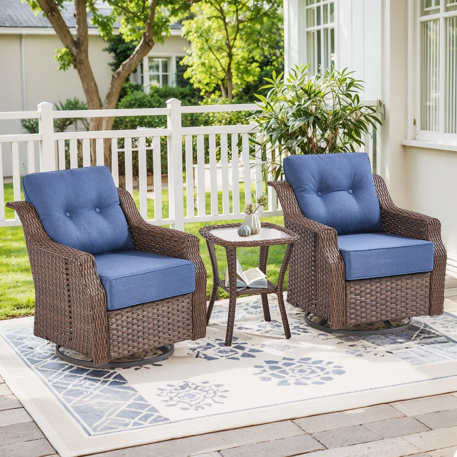 Ensemble de Chaises à Glissière Rotatives en Wicker 3 Pièces Belord Ovolo — Mobilier de patio et d'extérieur