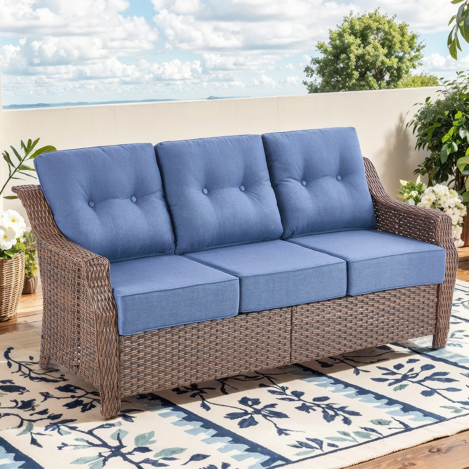 Sofa d'extérieur en osier 3 places Belord Ovolo avec coussins de 6 pouces — Mobilier de patio et d'extérieur