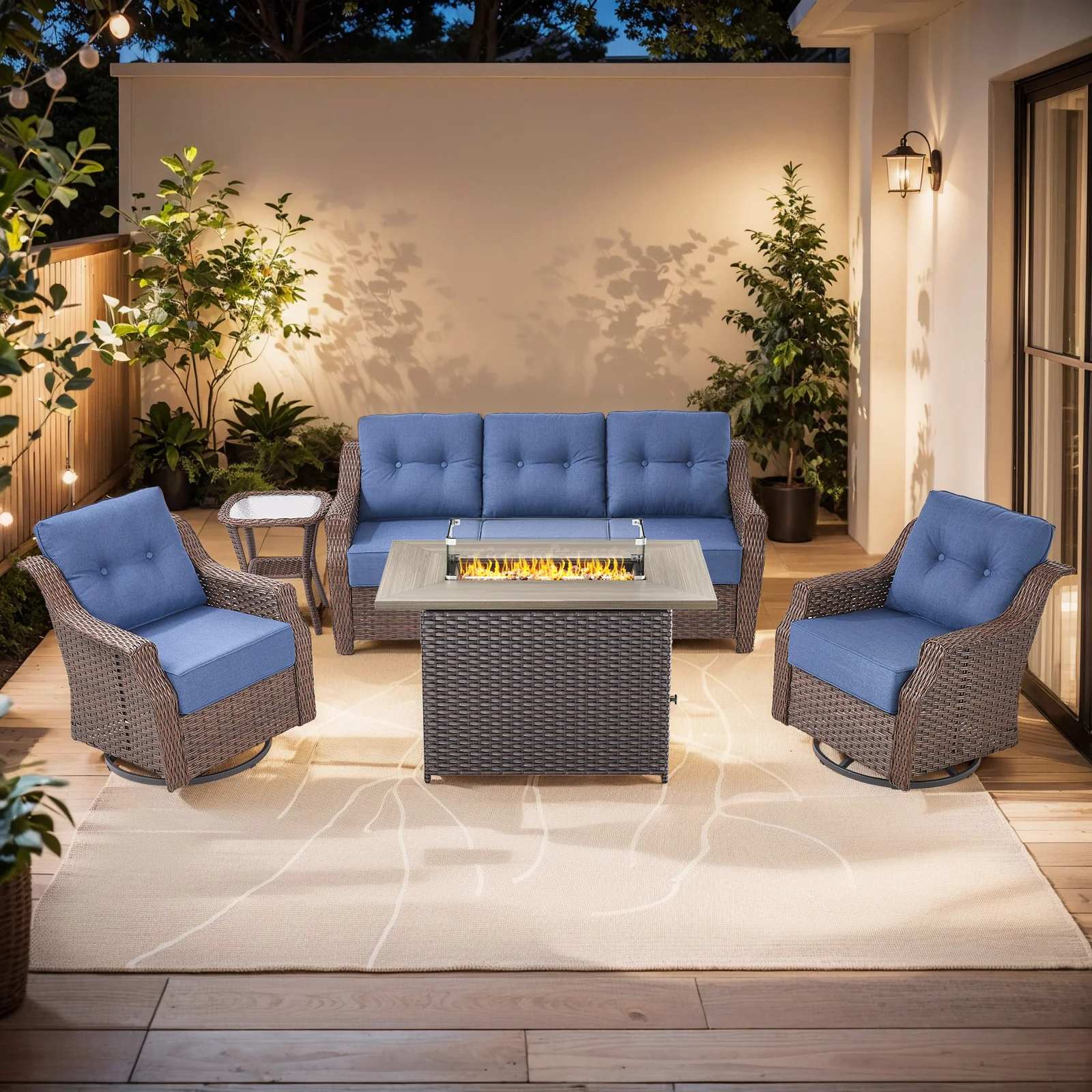 Ensemble de Patio en Osier 5 Pièces Belord Ovolo avec Table de Feu — Mobilier de patio et d'extérieur