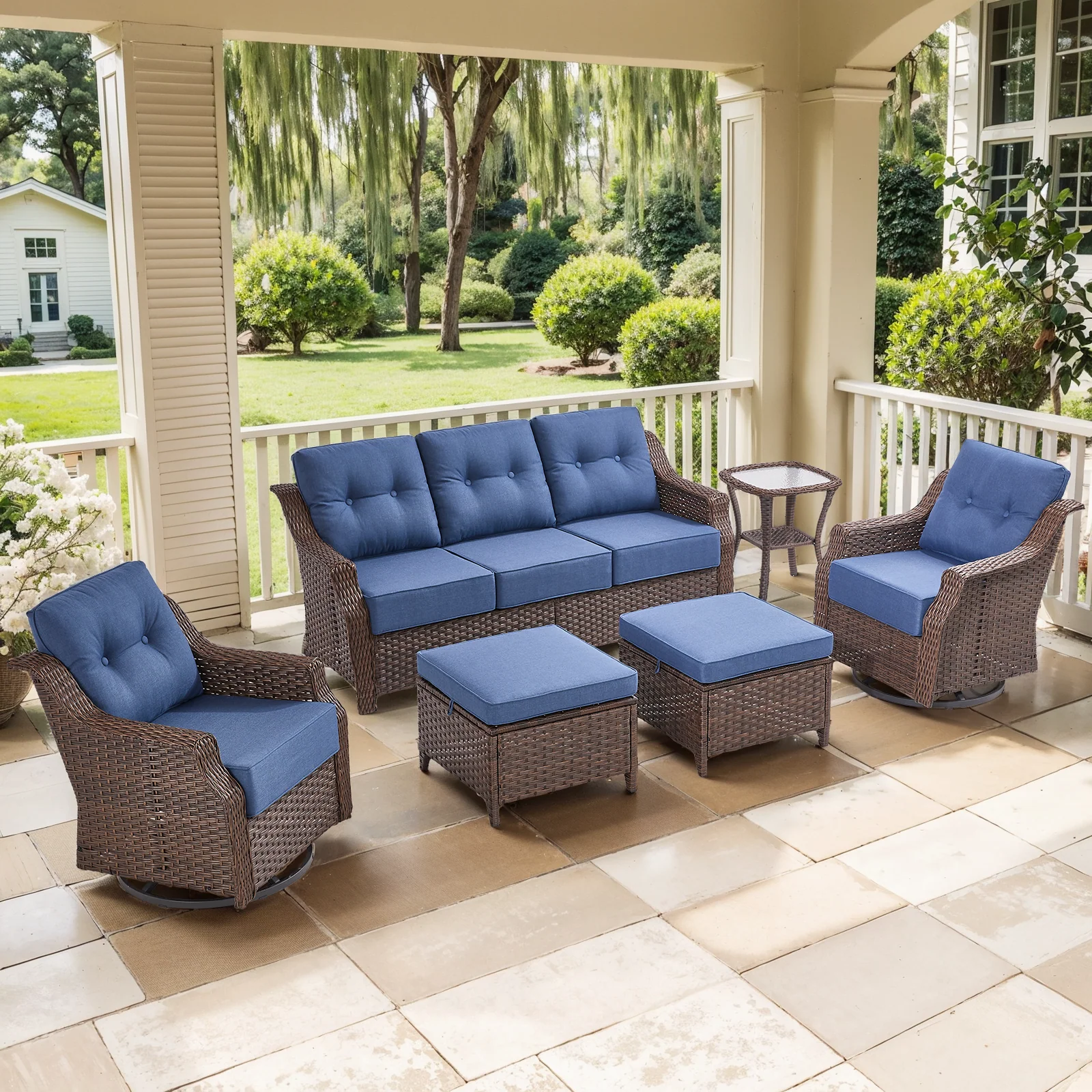 6-Piece Wicker Swivel Glider Sofa & Ottoman Patio Set, Ovolo Series - Brown Wicker / Blue Cushion — Patio & Outdoor Furniture