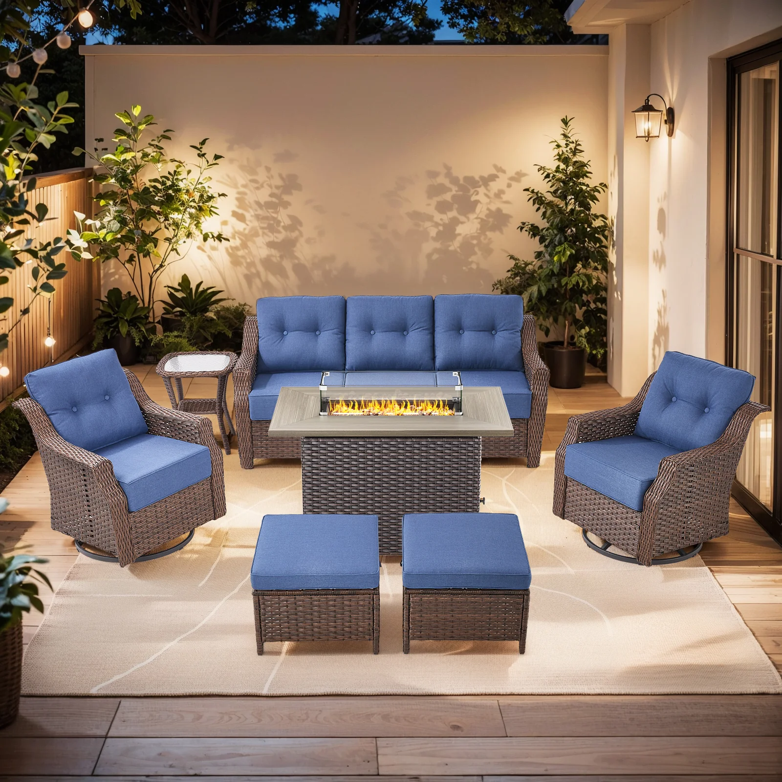 Ensemble de Patio en Rotin 7 Pièces Belord Ovolo avec Table de Feu — Mobilier de patio et d'extérieur