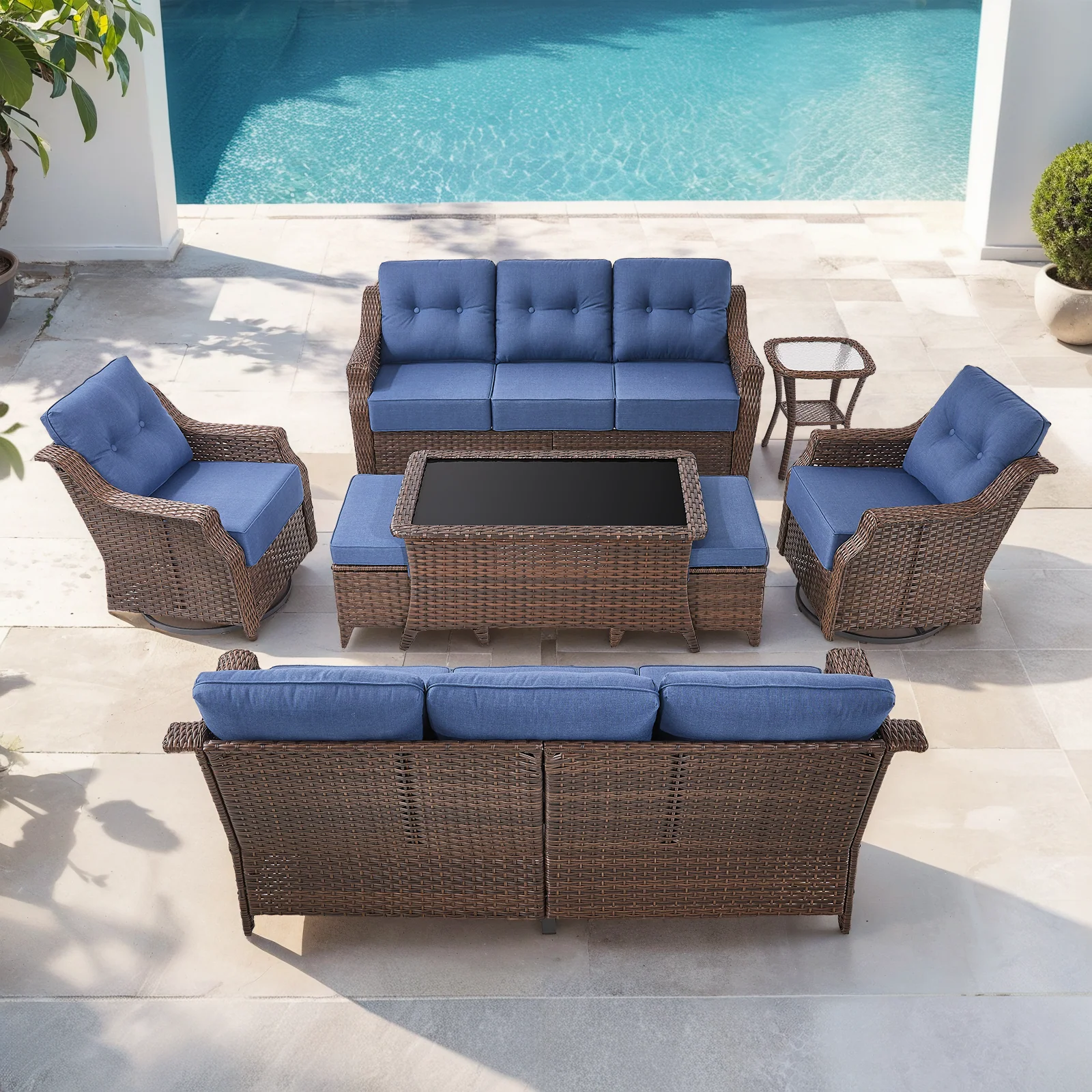 8-Piece Wicker Swivel Glider Chairs & Dual Sofa Patio Set, Ovolo Series - Brown Wicker / Blue Cushion — Patio & Outdoor Furniture