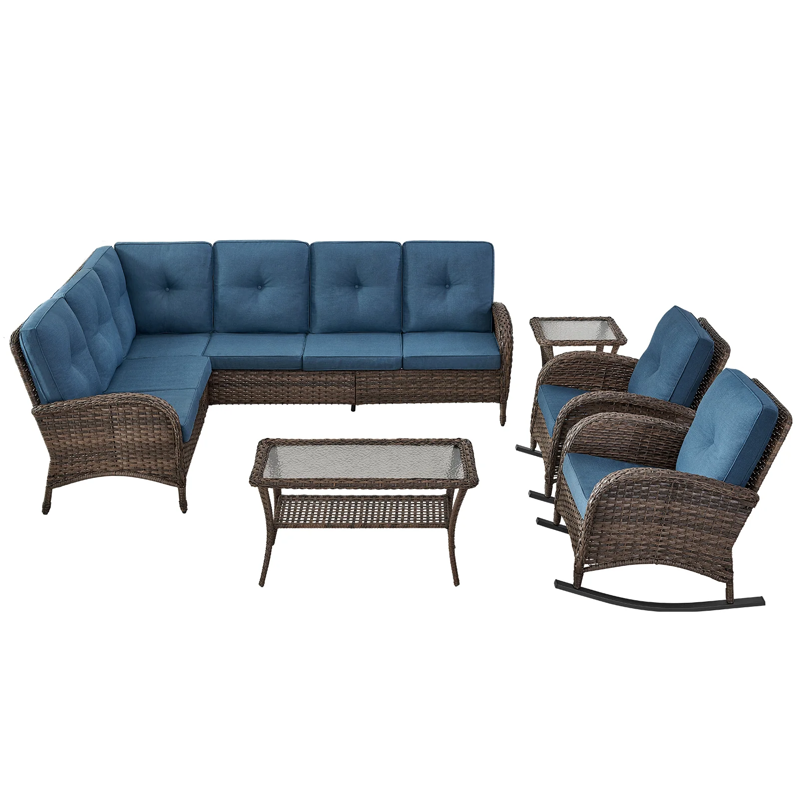 10 Piece Large Sectional Set with Coffee Table, NDS Series - Brown Wicker / Blue Cushion — Patio & Outdoor Furniture