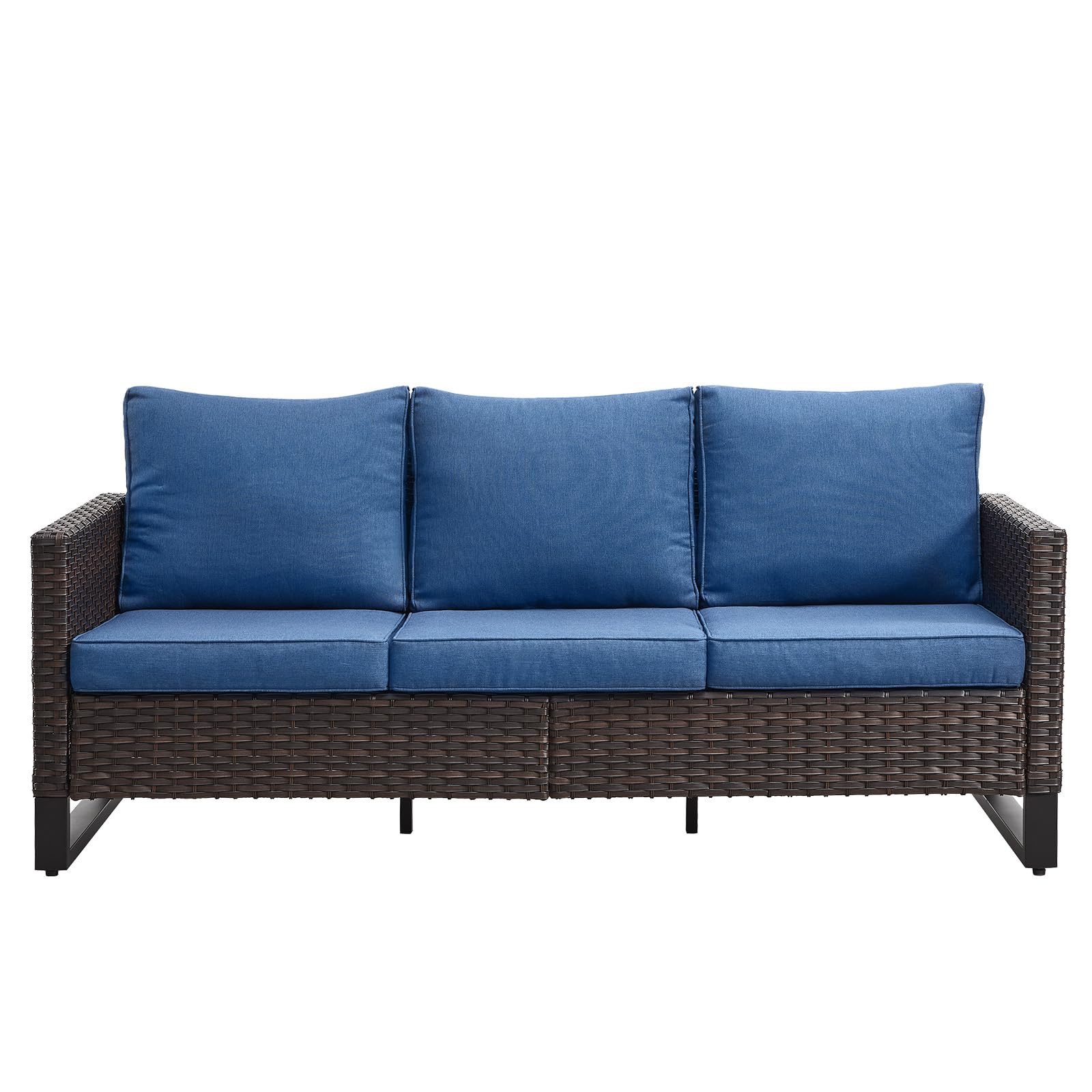 3-Seat Outdoor Wicker Sofa, 800 LBS Capacity, All-Weather, GRS Series - Brown Wicker / Blue Cushion