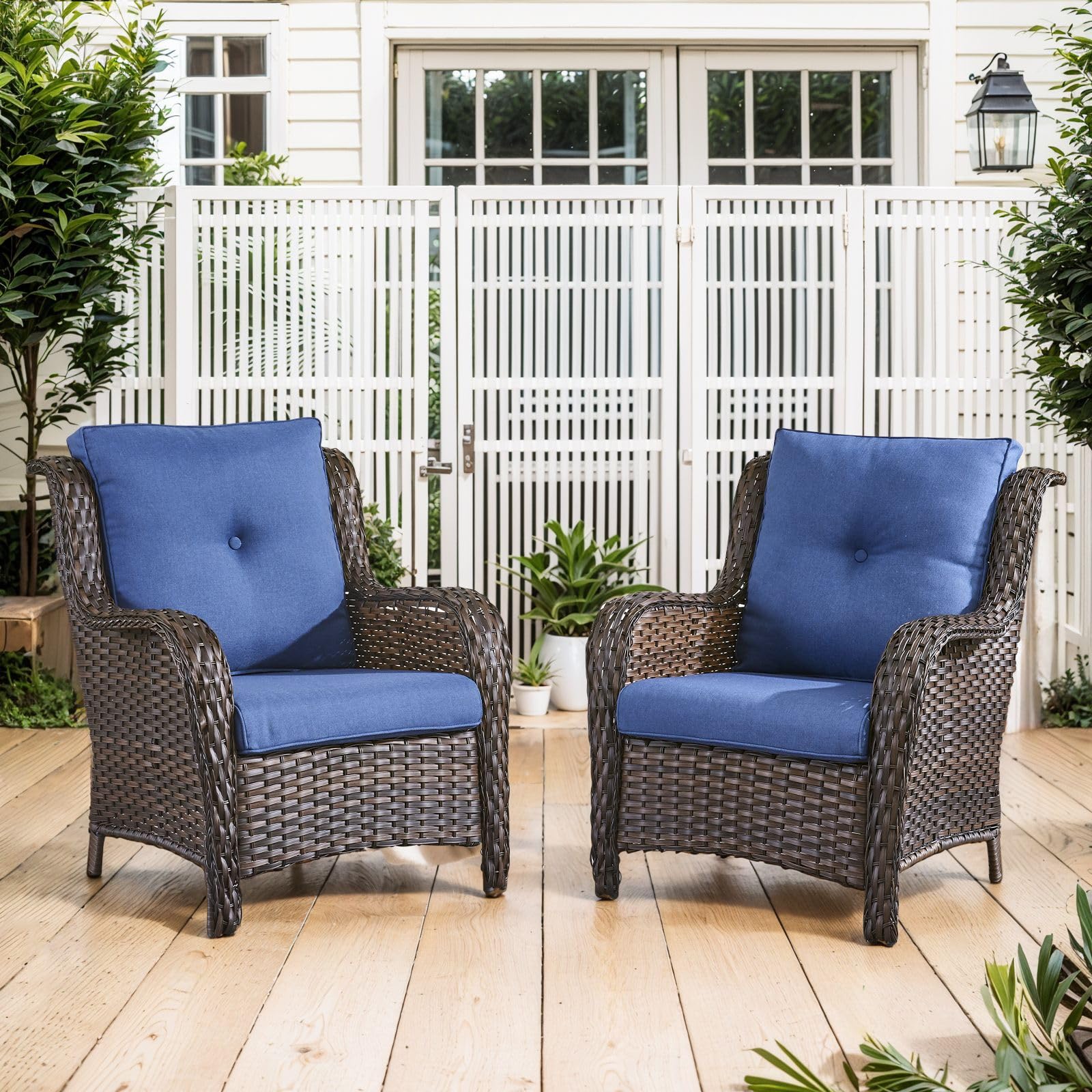 Ensemble de 2 chaises de patio en osier extérieur Belord avec coussins bleus — Mobilier de patio et d'extérieur