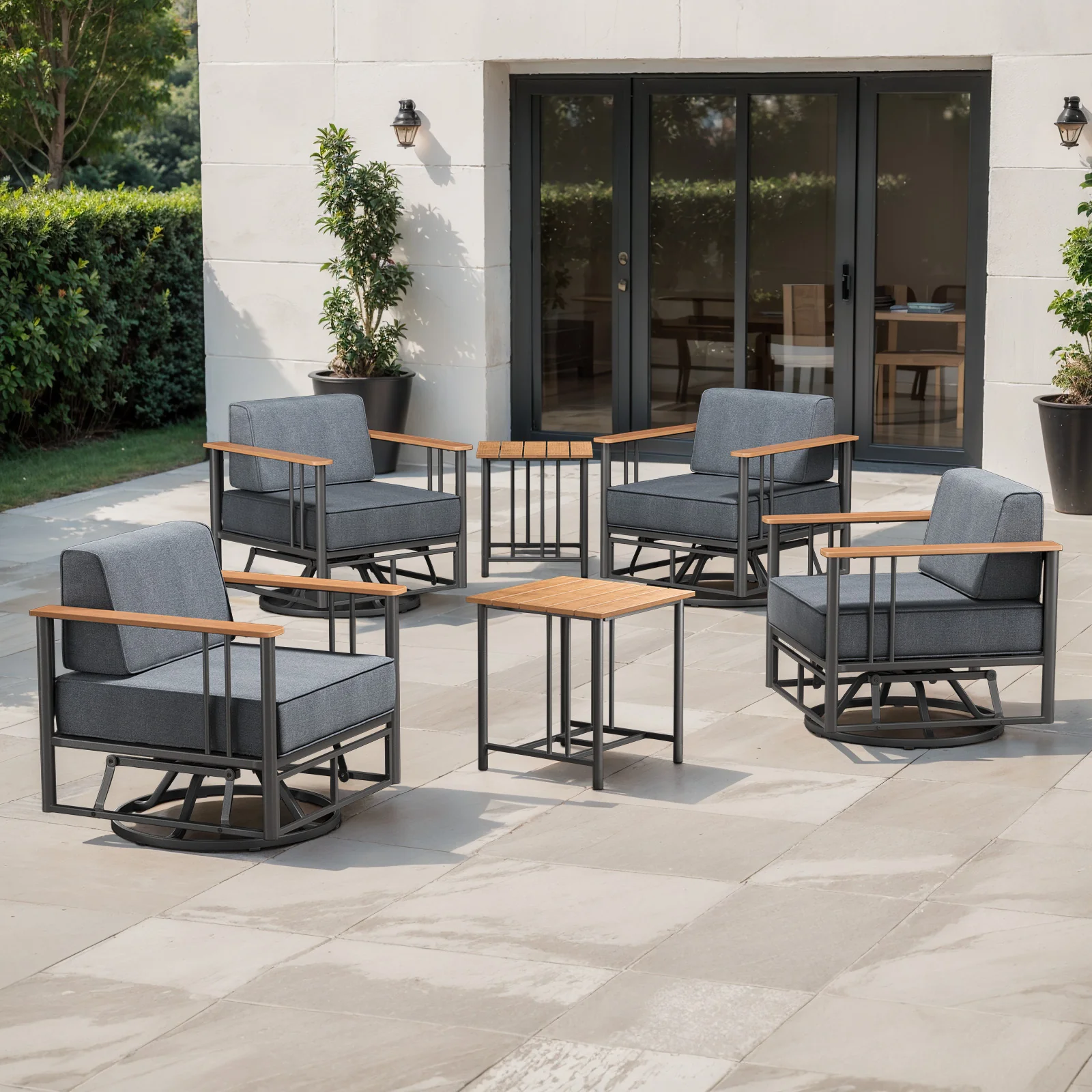 Ensemble de Patio 6 Pièces avec 4 Chaises Pivotantes et 2 Tables Latérales — Mobilier de patio et d'extérieur