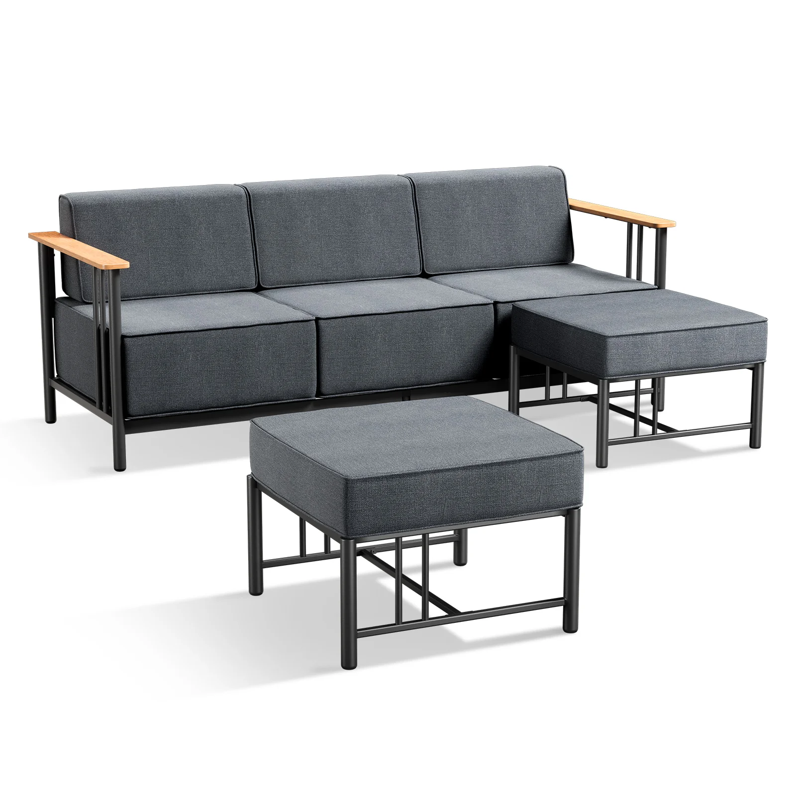 3-Piece Patio Lounge Set – Sofa & 2 Ottomans, 10" Cushions, Bingli Series - Black