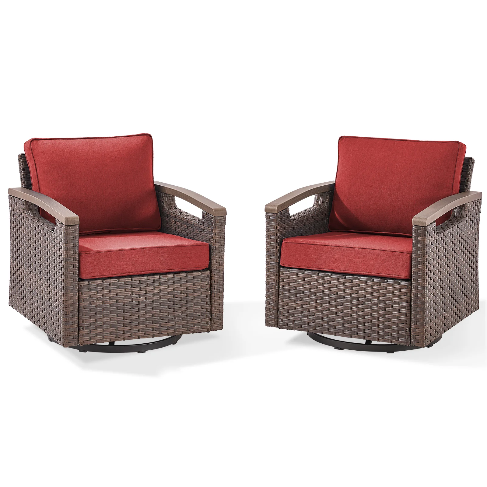 Set of 2 Heavy-Duty Wicker Swivel Rocker Chairs, BBR Series - Brown Wicker / Red Cushion — Patio & Outdoor Furniture