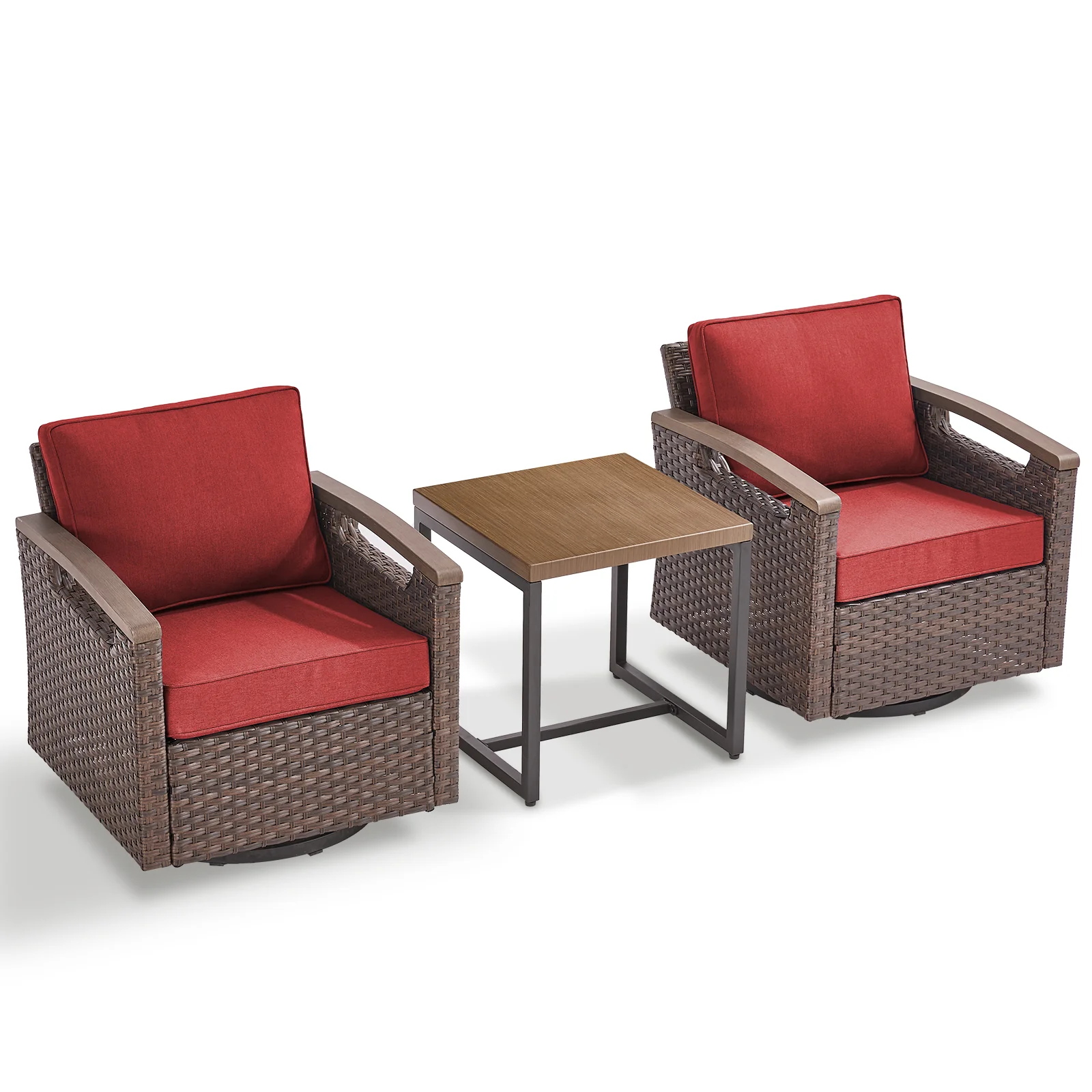 3-Piece Patio Swivel Glider Set & Side Table, BBR Series - Brown Wicker / Red Cushion — Patio & Outdoor Furniture