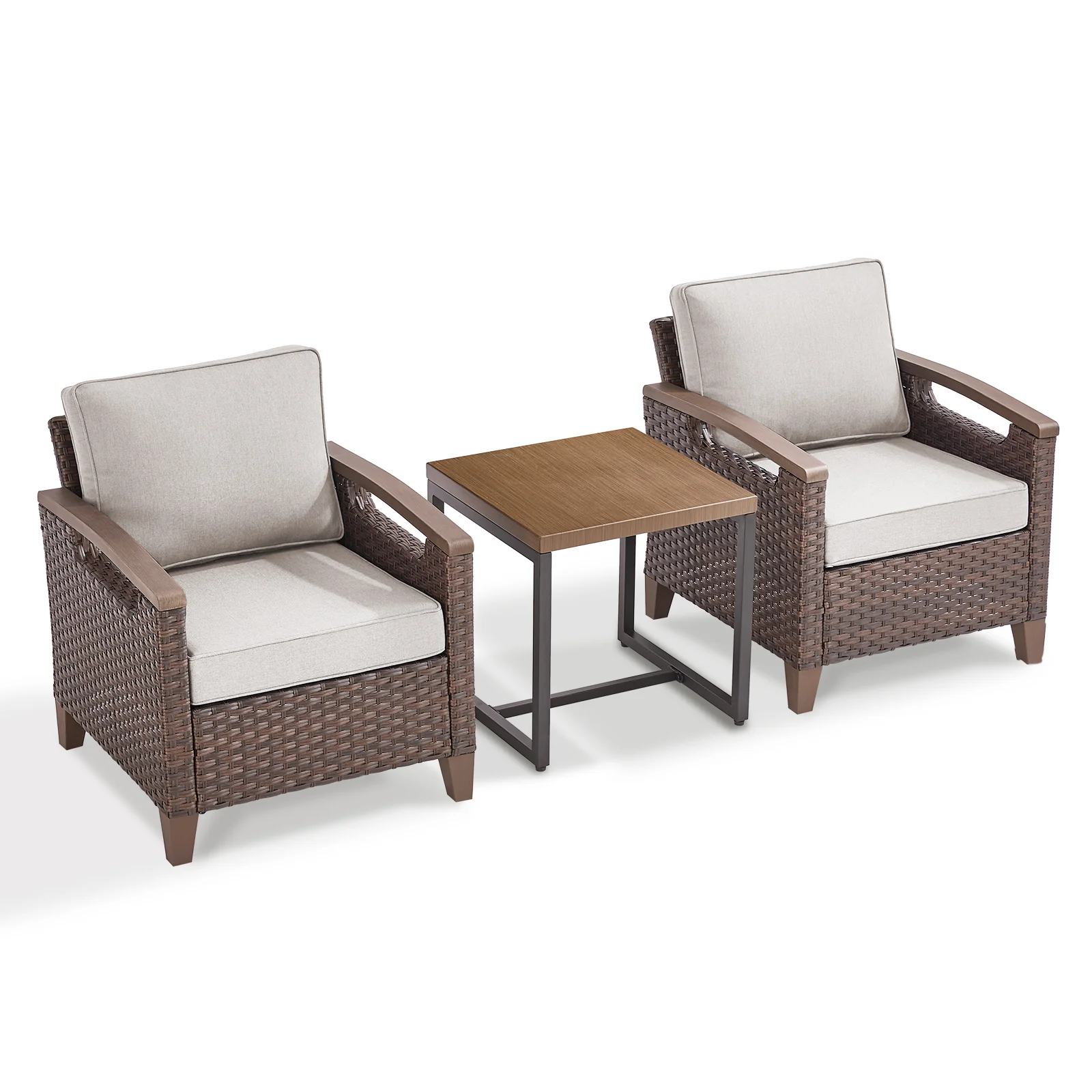 Ensemble de Chaise de Patio et Table d'Appoint BBR en 3 Pièces - Osier Brun, Coussin Beige — Mobilier de patio et d'extérieur