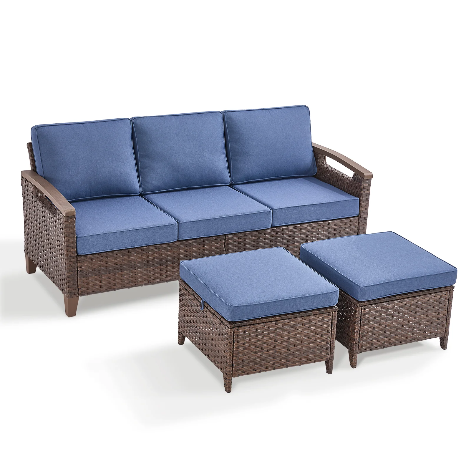 Ensemble de Canapé et Ottomans de Patio 3 Pièces - Série BBR - Wicker Brun/Coussin Bleu — Mobilier de patio et d'extérieur