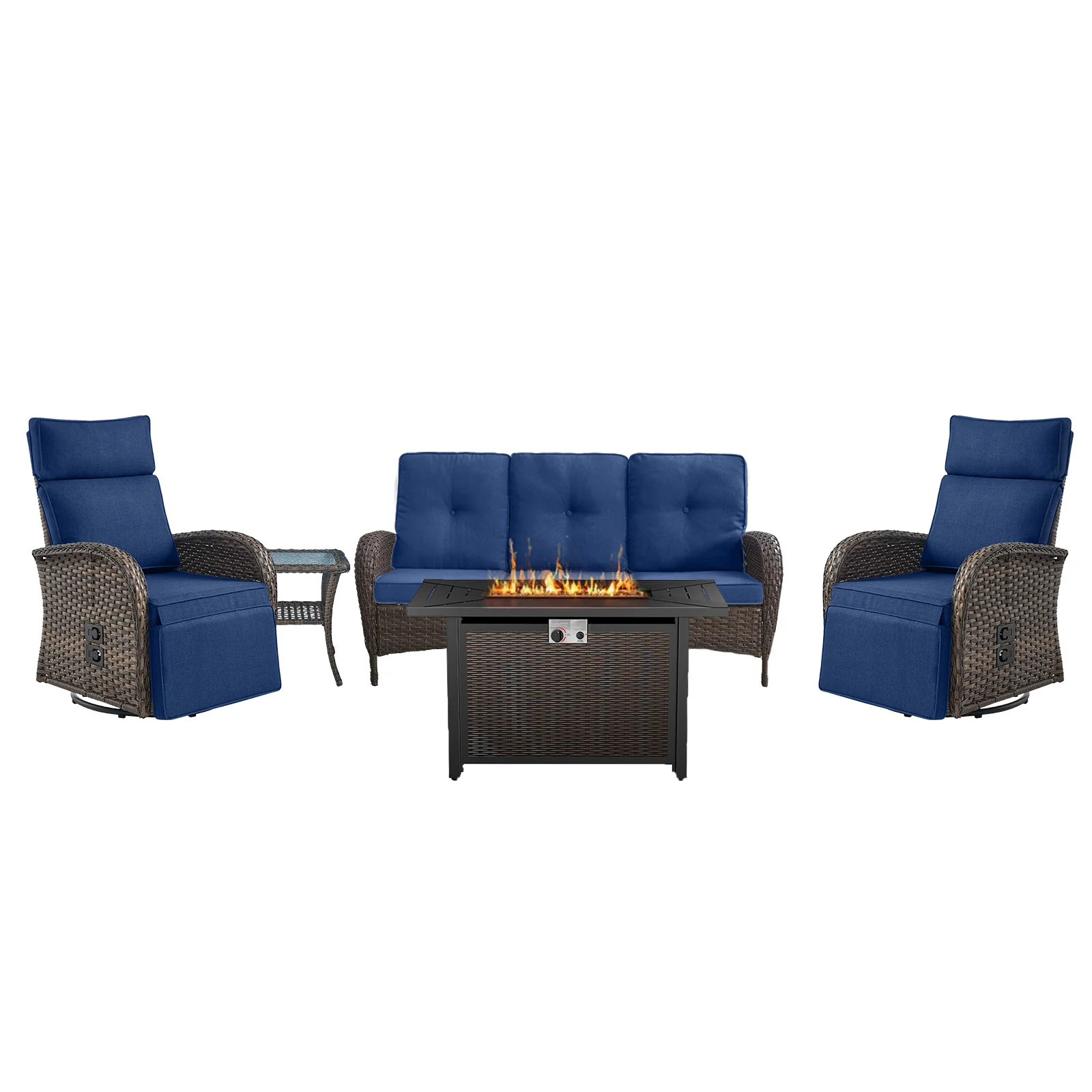 5 Piece Adjustable Rocking Recliner Chair with Fire Table, NDS Series - Brown Wicker / Blue Cushion — Patio & Outdoor Furniture