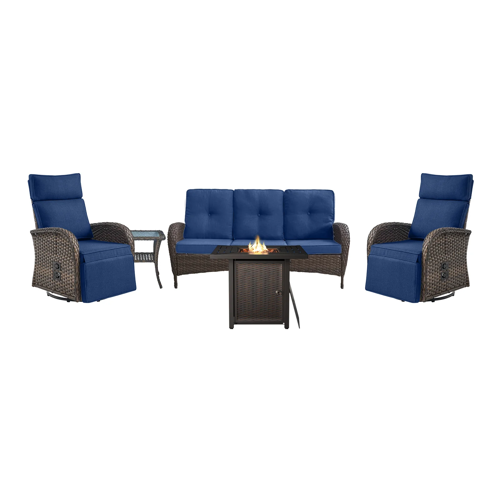 Ensemble de chaises inclinables réglables Belord 5 pièces avec table à feu — Mobilier de patio et d'extérieur