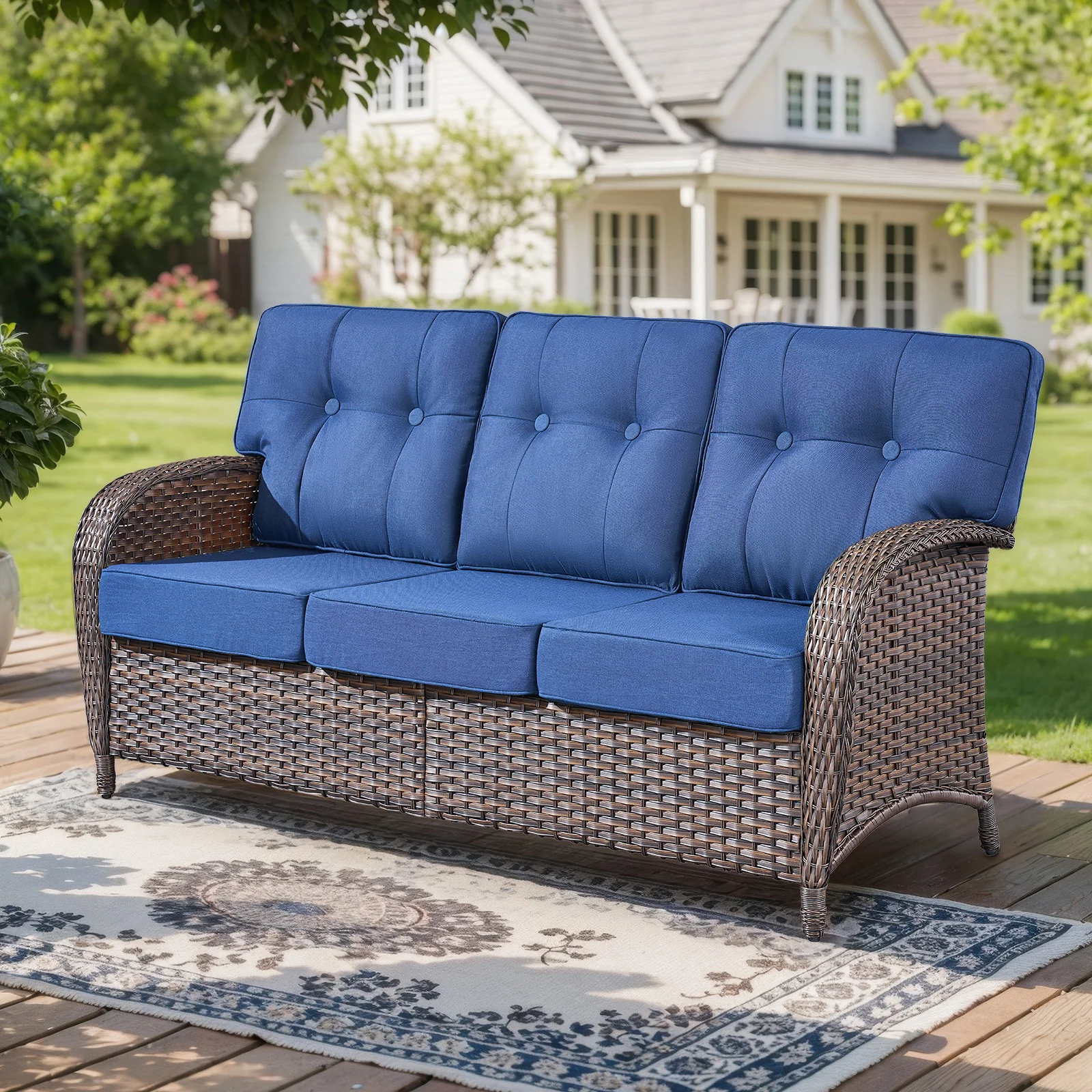 3-Seater T-Back Sofa – 5" Thick High-Density Cushions, T Series - Brown Wicker / Blue Cushion — Patio & Outdoor Furniture