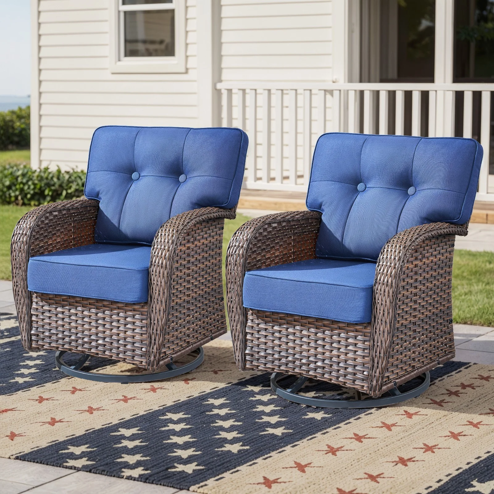 Chaises de patio pivotantes extérieures avec dossier en T - Osier brun/Coussin bleu — Mobilier de patio et d'extérieur