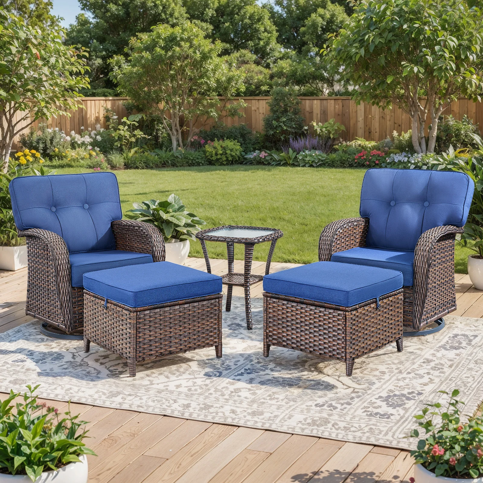 Ensemble de Chaises Pivotantes de Patio 5 Pièces avec Table et Ottoman — Mobilier de patio et d'extérieur