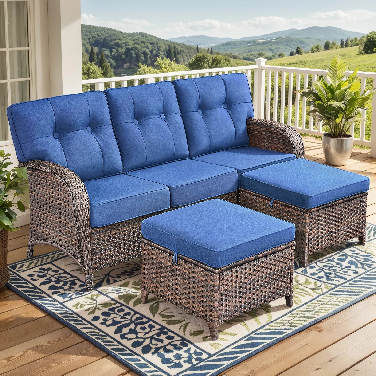 3-Seater T-Back Sofa – 5" Thick Cushions With 2 Ottomans, T Series - Brown Wicker / Blue Cushion — Patio & Outdoor Furniture
