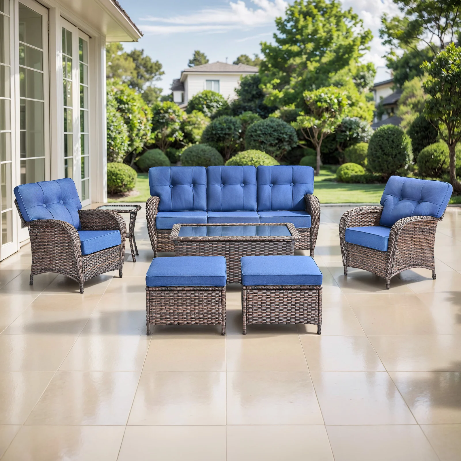 7 Piece Outdoor Patio T-Back Chairs With Sofa & Table, T Series - Brown Wicker / Blue Cushion — Patio & Outdoor Furniture